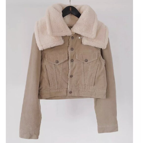 NWT R13 Crop Trucker Jacket Stone Pinwale Cord Corduroy & Faux-Sherpa - Picture 5 of 13